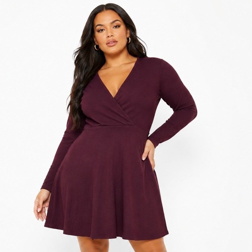 Boohoo Plus Kelly Knitted Wrap Front Skater Dress Wine Burgundy US 14 NWT